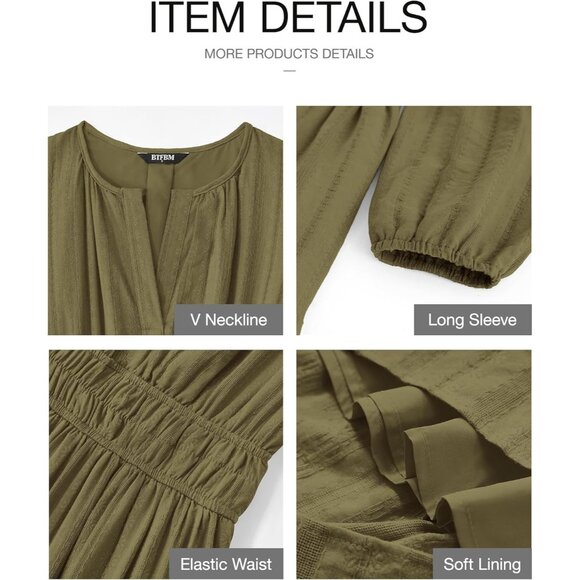 Women Army Green Long Sleeve V Neck Elastic Waist Lightweight Maxi Dress Pockets - Picture 4 of 8